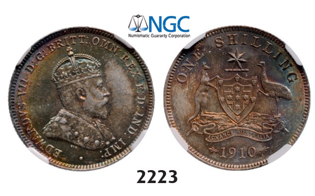 Lot: 2223. Australia, Edward VII, 1901-1910, Shilling 1910, London, Silver, NGC AU58