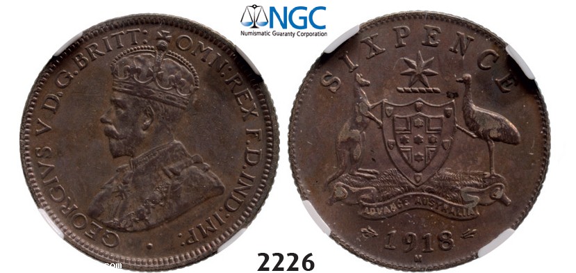 Lot: 2226. Australia, George V, 1910-1936, Sixpence, 1918-M, Melbourne, Silver, NGC XF45
