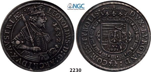 Lot: 2230. Austria, Leopold, 1619-1632, Taler 1632, Hall, Silver, NGC AU55