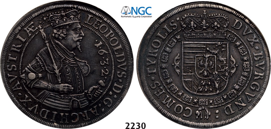 Lot: 2230. Austria, Leopold, 1619-1632, Taler 1632, Hall, Silver, NGC AU55