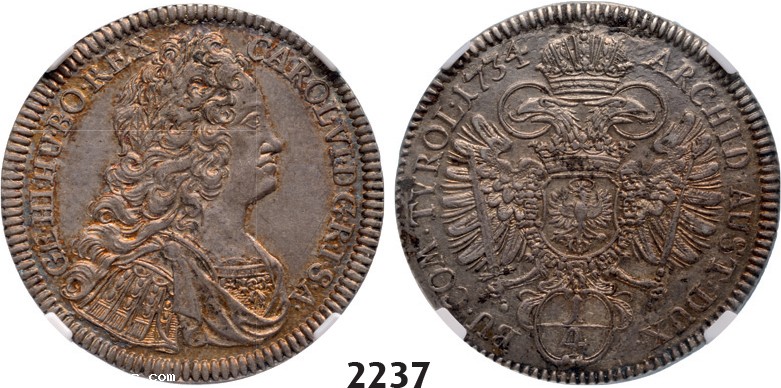 Lot: 2237. Austria, Charles VI, 1711-1740, ¼ Taler 1734, Hall, Silver