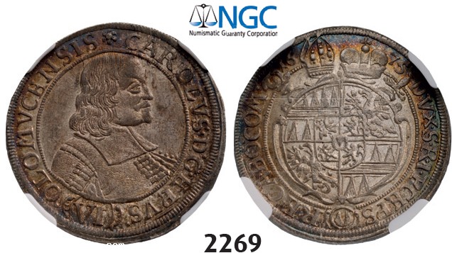 Lot: 2269. Austria, Olmutz, Karl II von LiechtensteinCastelcorn, 1664-1695, 6 Kreuzer 1675, Silver, NGC MS63