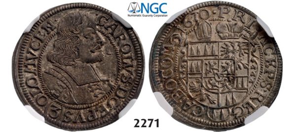 Lot: 2271. Austria, Olmutz, Karl II von LiechtensteinCastelcorn, 1664-1695, 3 Kreuzer 1670, Silver, NGC MS62