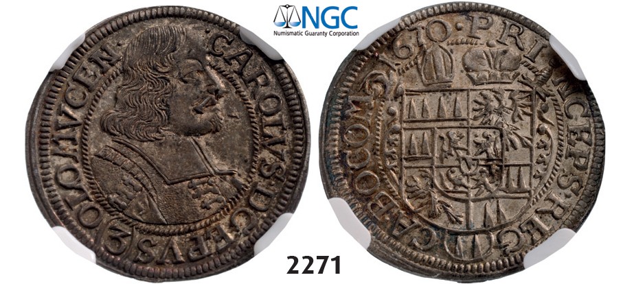 Lot: 2271. Austria, Olmutz, Karl II von LiechtensteinCastelcorn, 1664-1695, 3 Kreuzer 1670, Silver, NGC MS62