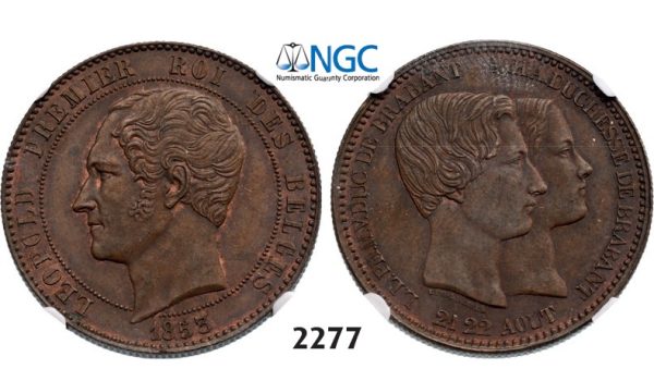 Lot: 2277. Belgium, Kingdom, Leopold I, 1831-1865, 10 Centimes 1853, Copper. Royal wedding, NGC MS61BN
