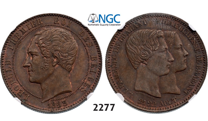 Lot: 2277. Belgium, Kingdom, Leopold I, 1831-1865, 10 Centimes 1853, Copper. Royal wedding, NGC MS61BN