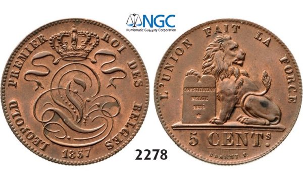 Lot: 2278. Belgium, Kingdom, Leopold I, 1831-1865, 5 Centimes 1857, Copper, NGC MS63RB