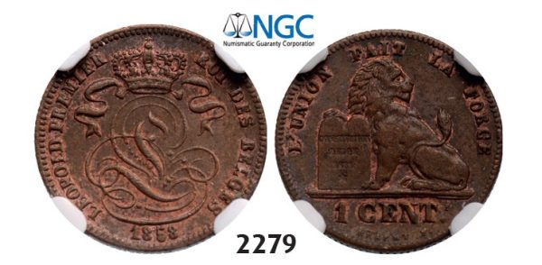 Lot: 2279. Belgium, Kingdom, Leopold I, 1831-1865, Centime 1858, Copper, NGC AU58BN