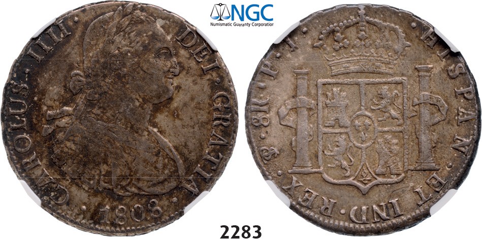 Lot: 2283. Bolivia, Spanish colony, Charles IV, 1788-1808, 8 Reales 1808-PTS/PJ, Potosi, Silver, NGC VF35