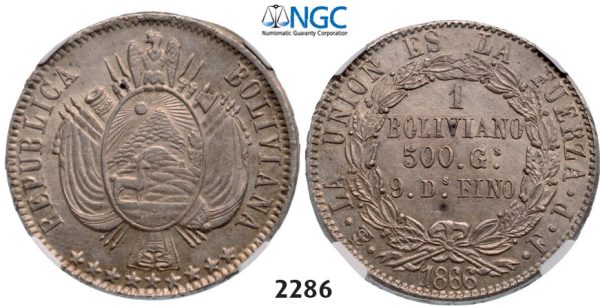 Lot: 2286. Bolivia, Republic, 1825-, Boliviano 1866-PTS FP, Potosi, Silver, NGC AU58