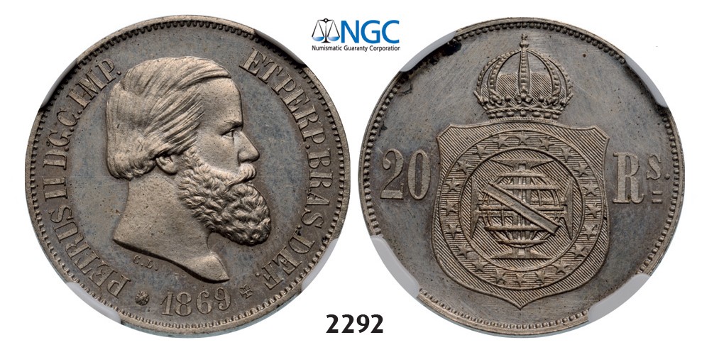Lot: 2292. Brazil, Pedro II, 1831-1889, Pattern 20 Reis 1869, Paris, Nickel, NGC MS64
