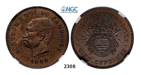 Lot: 2308. Cambodia, Norodom I, 1859-1904, 5 Centimes 1860 (Dated) Bronze, NGC MS64BN