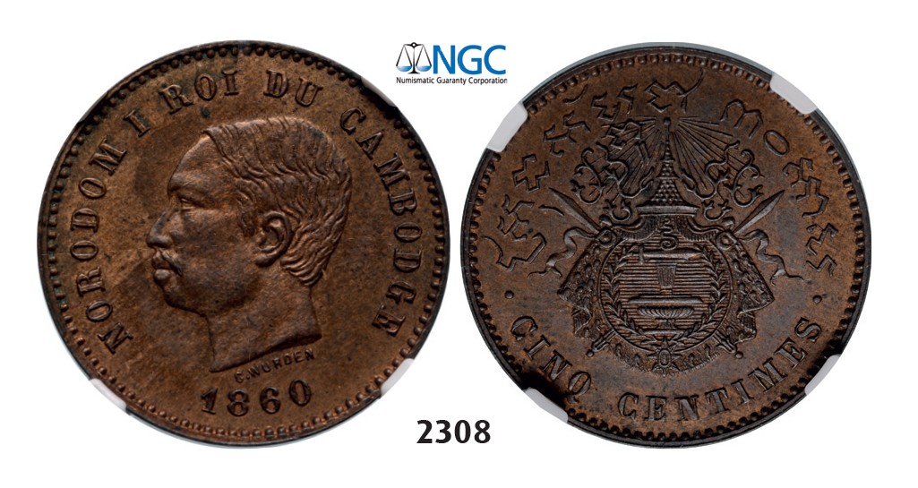 Lot: 2308. Cambodia, Norodom I, 1859-1904, 5 Centimes 1860 (Dated) Bronze, NGC MS64BN