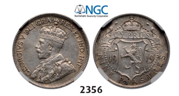 Lot: 2356. Cyprus, George V, 1910-1936, 9 Piastres 1919, London, Silver, NGC AU55
