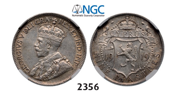 Lot: 2356. Cyprus, George V, 1910-1936, 9 Piastres 1919, London, Silver, NGC AU55