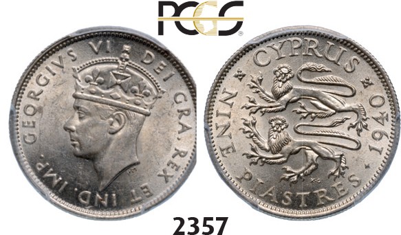 Lot: 2357. Cyprus, George VI, 1936-1952, 9 Piastres 1940, London, Silver, PCGS MS62