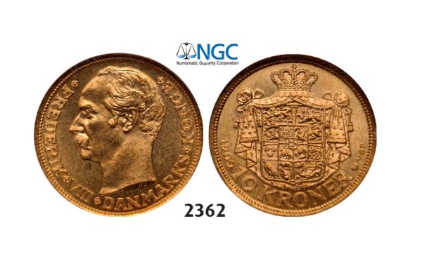 Lot: 2362. Denmark, Frederik VIII, 1906-1912, 10 Kroner 1909-VBP/GJ, Copenhagen, GOLD, NGC MS65