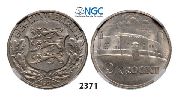 Lot: 2371. Estonia, 2 Krooni 1930, Silver (12.00g) Toompea Fortress, NGC MS65