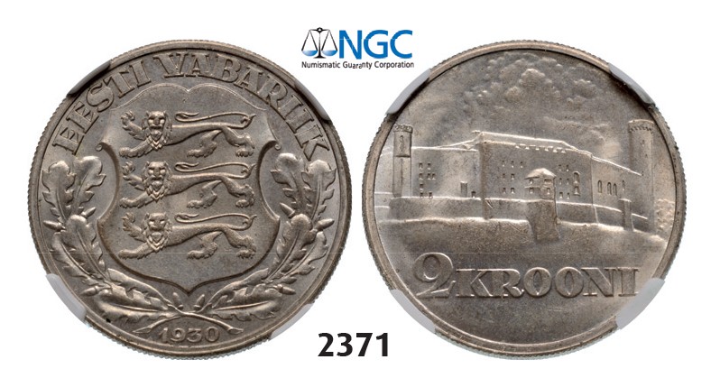 Lot: 2371. Estonia, 2 Krooni 1930, Silver (12.00g) Toompea Fortress, NGC MS65