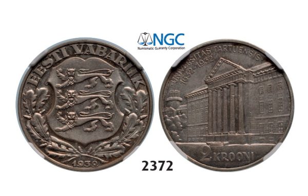 Lot: 2372. Estonia, 2 Krooni 1932, Silver (12.00g) Tercentenary University of Tartu, NGC MS62