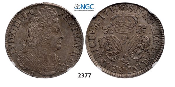 Lot: 2377. France, Louis XIV, 1643-1715, Ecu 1709, Ecu 1711 “9” Rennes, Silver, NGC AU58