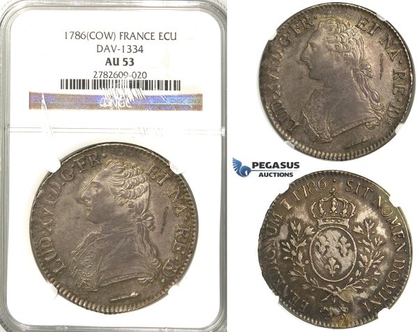 Lot: 2382. France, Louis XVI, 1774-1792, Ecu 1786 “Cow”, Pau, Silver, NGC AU53