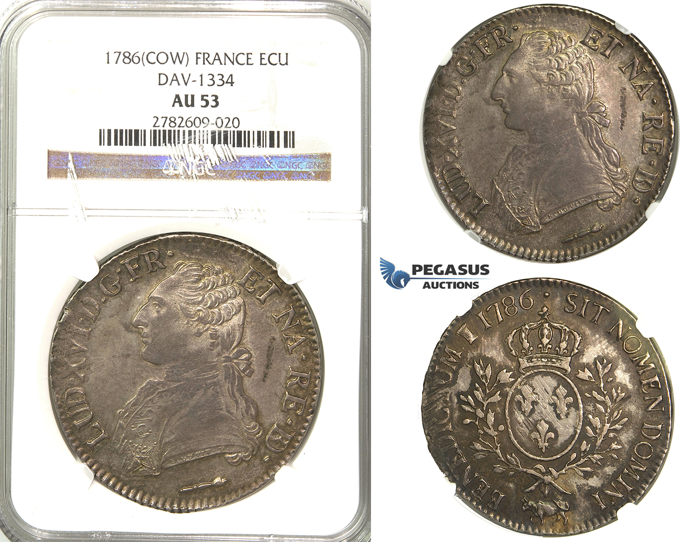 Lot: 2382. France, Louis XVI, 1774-1792, Ecu 1786 “Cow”, Pau, Silver, NGC AU53