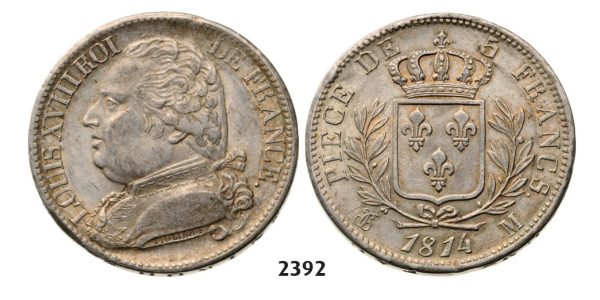 Lot: 2392. France, Louis XVIII, 1814-1815/1815-1824, 5 Francs 1814-M, Toulouse, Silver