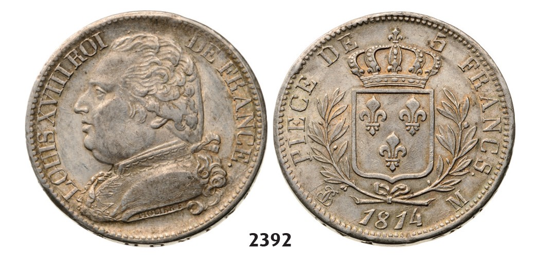Lot: 2392. France, Louis XVIII, 1814-1815/1815-1824, 5 Francs 1814-M, Toulouse, Silver
