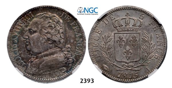 Lot: 2393. France, Louis XVIII, 1814-1815/1815-1824, 5 Francs 1815-I, Limoges, Silver, NGC AU53