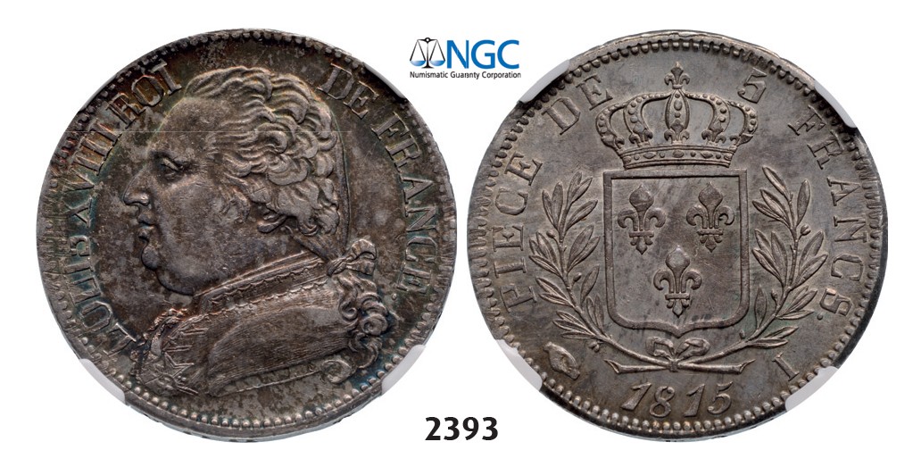 Lot: 2393. France, Louis XVIII, 1814-1815/1815-1824, 5 Francs 1815-I, Limoges, Silver, NGC AU53