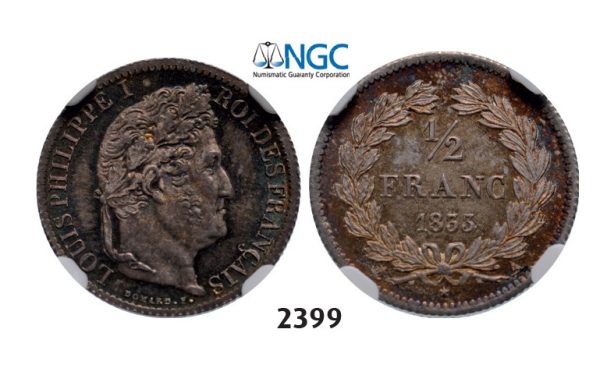 Lot: 2399. France, Louis Philippe, 1830-1848, ½ Franc 1833-A, Paris, Silver, NGC MS65
