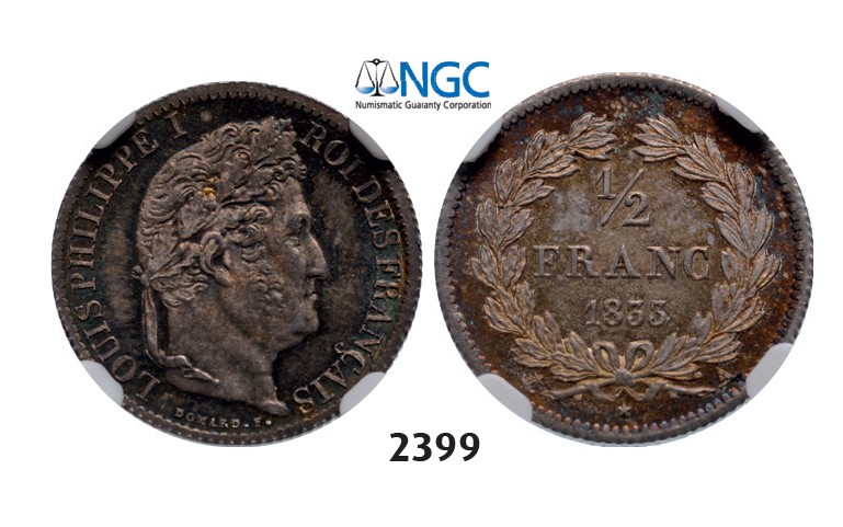 Lot: 2399. France, Louis Philippe, 1830-1848, ½ Franc 1833-A, Paris, Silver, NGC MS65