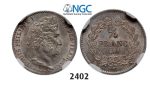 Lot: 2402. France, Louis Philippe, 1830-1848, ¼ Franc 1841-K, Bordeaux, Silver, NGC MS62