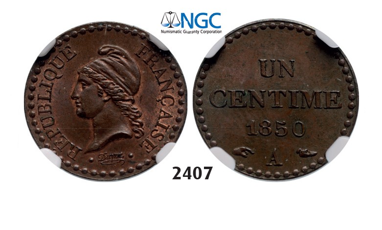 Lot: 2407. France, Second Republic, 1848-1852 , 1 Centime 1850-A, Paris, Bronze, NGC MS64BN