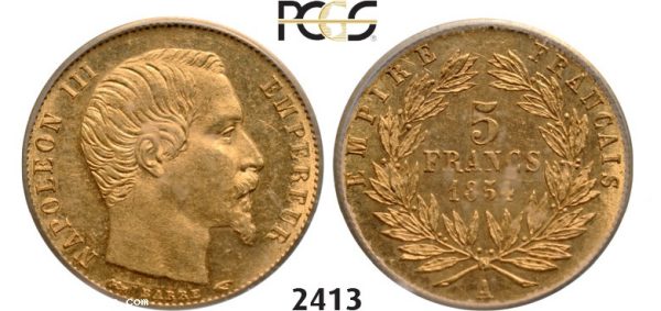 Lot: 2413. France, Napoleon III, 1852-1870, 5 Francs 1854-A, Paris (Plain edge) GOLD , PCGS MS64