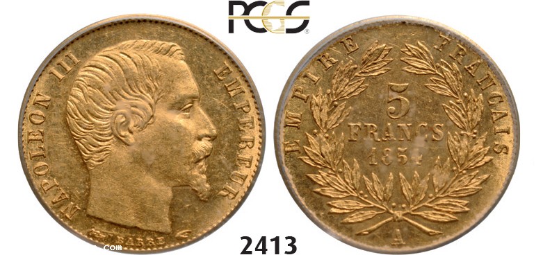 Lot: 2413. France, Napoleon III, 1852-1870, 5 Francs 1854-A, Paris (Plain edge) GOLD , PCGS MS64