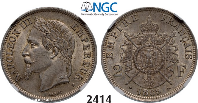 Lot: 2414. France, Napoleon III, 1852-1870, 2 Francs 1869-BB, Strasbourg, Silver , NGC AU58