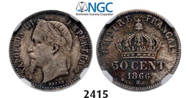 Lot: 2415. France, Napoleon III, 1852-1870, 50 Centimes 1866-BB, Strasbourg, Silver, NGC MS63