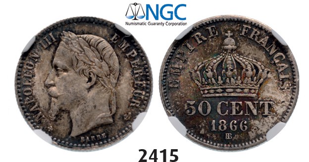 Lot: 2415. France, Napoleon III, 1852-1870, 50 Centimes 1866-BB, Strasbourg, Silver, NGC MS63