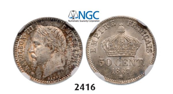 Lot: 2416. France, Napoleon III, 1852-1870, 50 Centimes 1867-BB, Strasbourg, Silver, NGC MS65