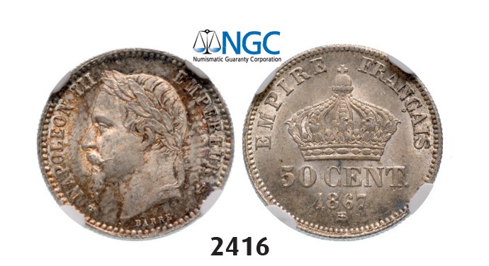 Lot: 2416. France, Napoleon III, 1852-1870, 50 Centimes 1867-BB, Strasbourg, Silver, NGC MS65