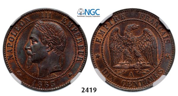 Lot: 2419. France, Napoleon III, 1852-1870, 10 Centimes 1863-A, Paris, Bronze, NGC MS65RB