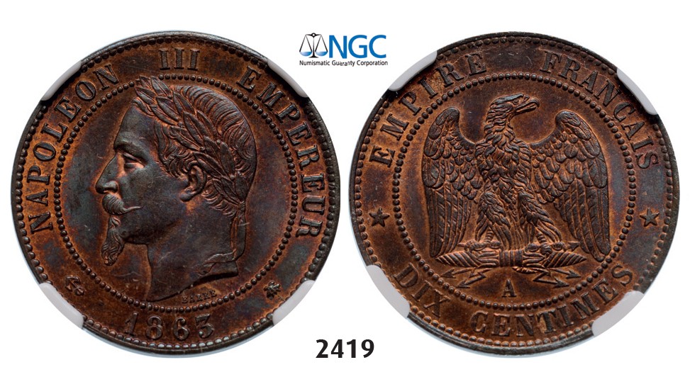 Lot: 2419. France, Napoleon III, 1852-1870, 10 Centimes 1863-A, Paris, Bronze, NGC MS65RB