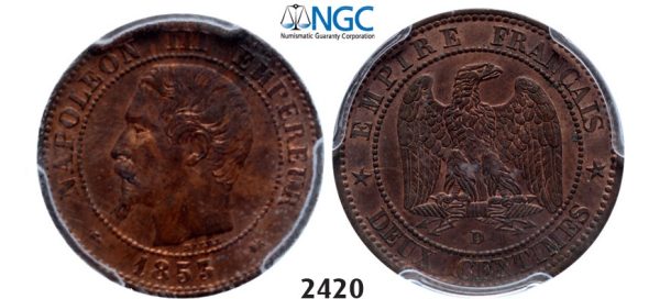 Lot: 2420. France, Napoleon III, 1852-1870, 2 Centimes 1853-D (Small D) Lyon, Bronze, PCGS MS63RB