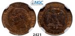 Lot: 2421. France, Napoleon III, 1852-1870, 1 Centime 1853-A, Paris, Bronze, NGC MS65