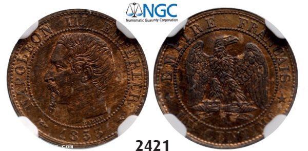Lot: 2421. France, Napoleon III, 1852-1870, 1 Centime 1853-A, Paris, Bronze, NGC MS65