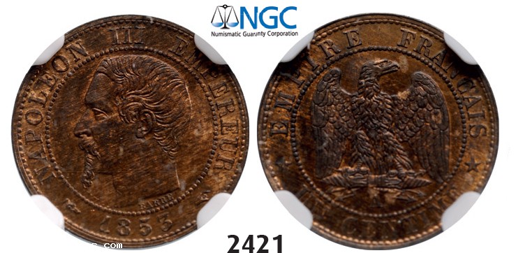Lot: 2421. France, Napoleon III, 1852-1870, 1 Centime 1853-A, Paris, Bronze, NGC MS65