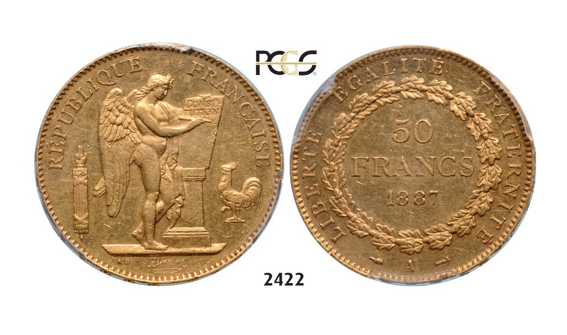 Lot: 2422. France, Third Republic, 1871-­1940, 50 Francs 1887­-A, Paris, GOLD , PCGS AU55