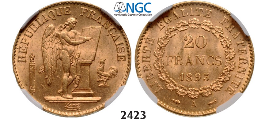 Lot: 2423. France, Third Republic, 1871-1940, 20 Francs 1893-A, Paris, GOLD, NGC MS64